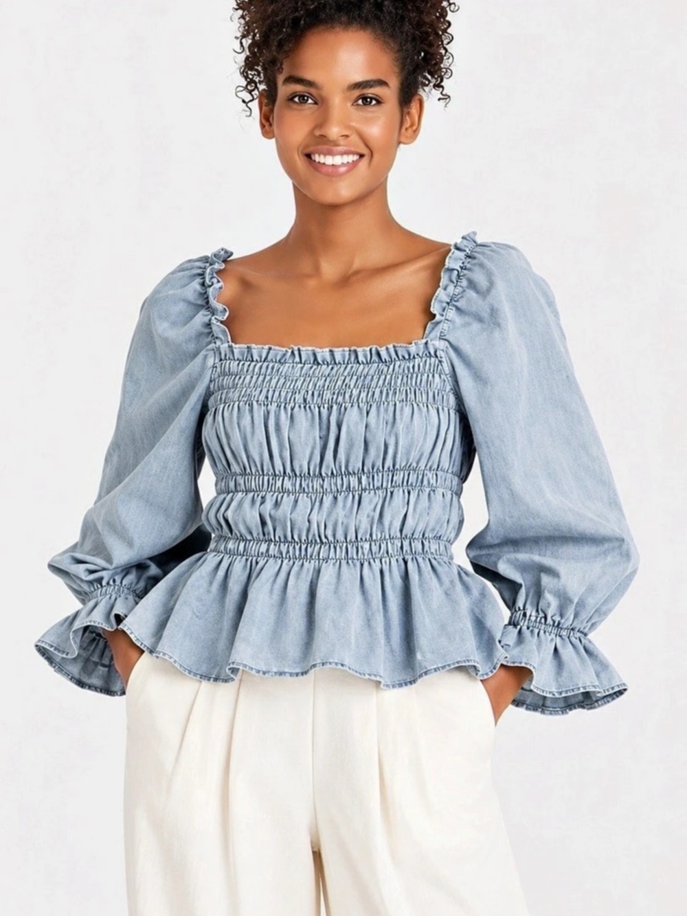 Who What Wear Light Wash Denim Smocked Puff Sleeve Peplum Blouse Medium